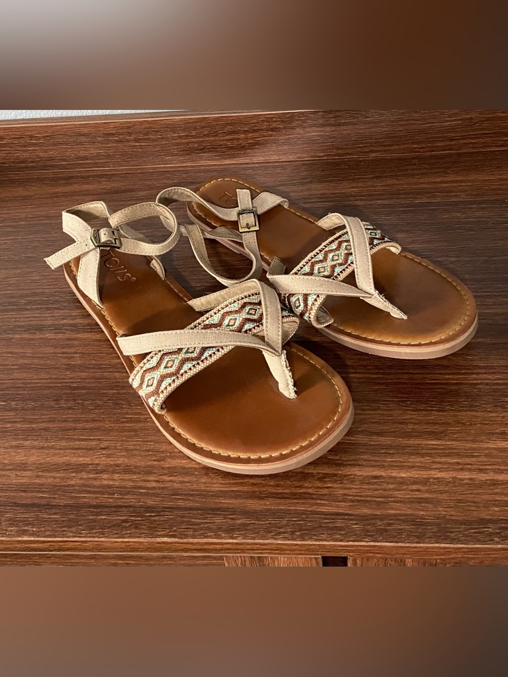 Toms Beige Strappy Sandals with Tribal Accent